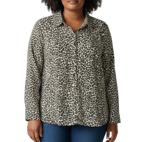 Leopard Tops - TALBOTS Woman Size 3X Popover Leopard Print‎ Shirt Cotton Stretch Long Sleeves